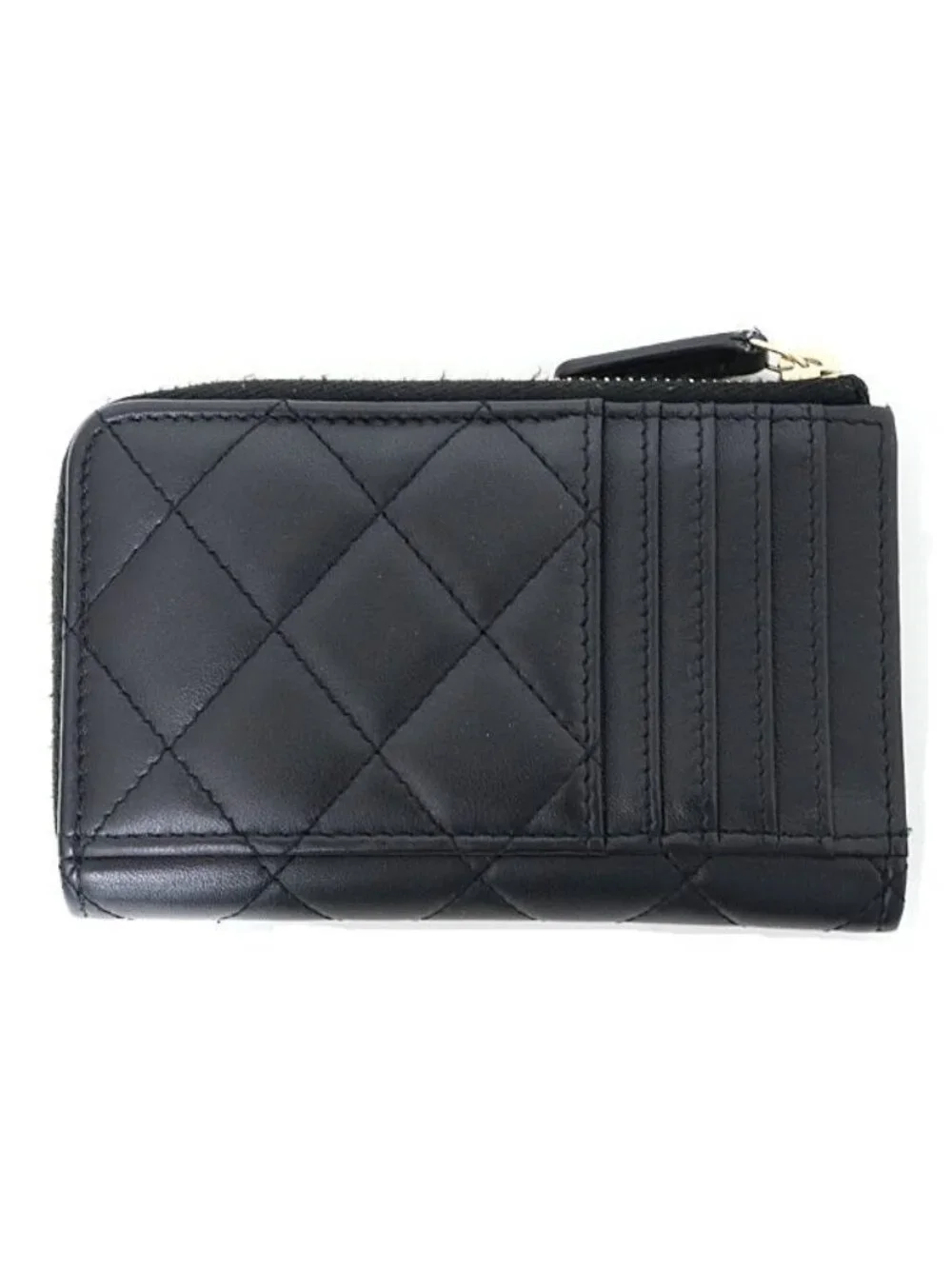 Chanel Zip Card Case Fragment Coin Purse Quilted Lambskin Black